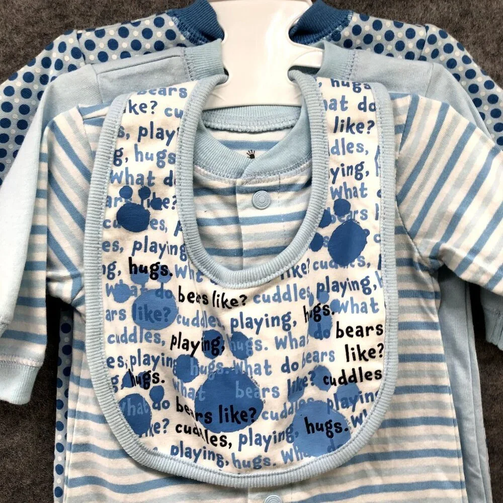 NEW Small Wonder Newborn Boy‎ 3 Piece Footed Pajamas With Bib 100% Cotton Bear